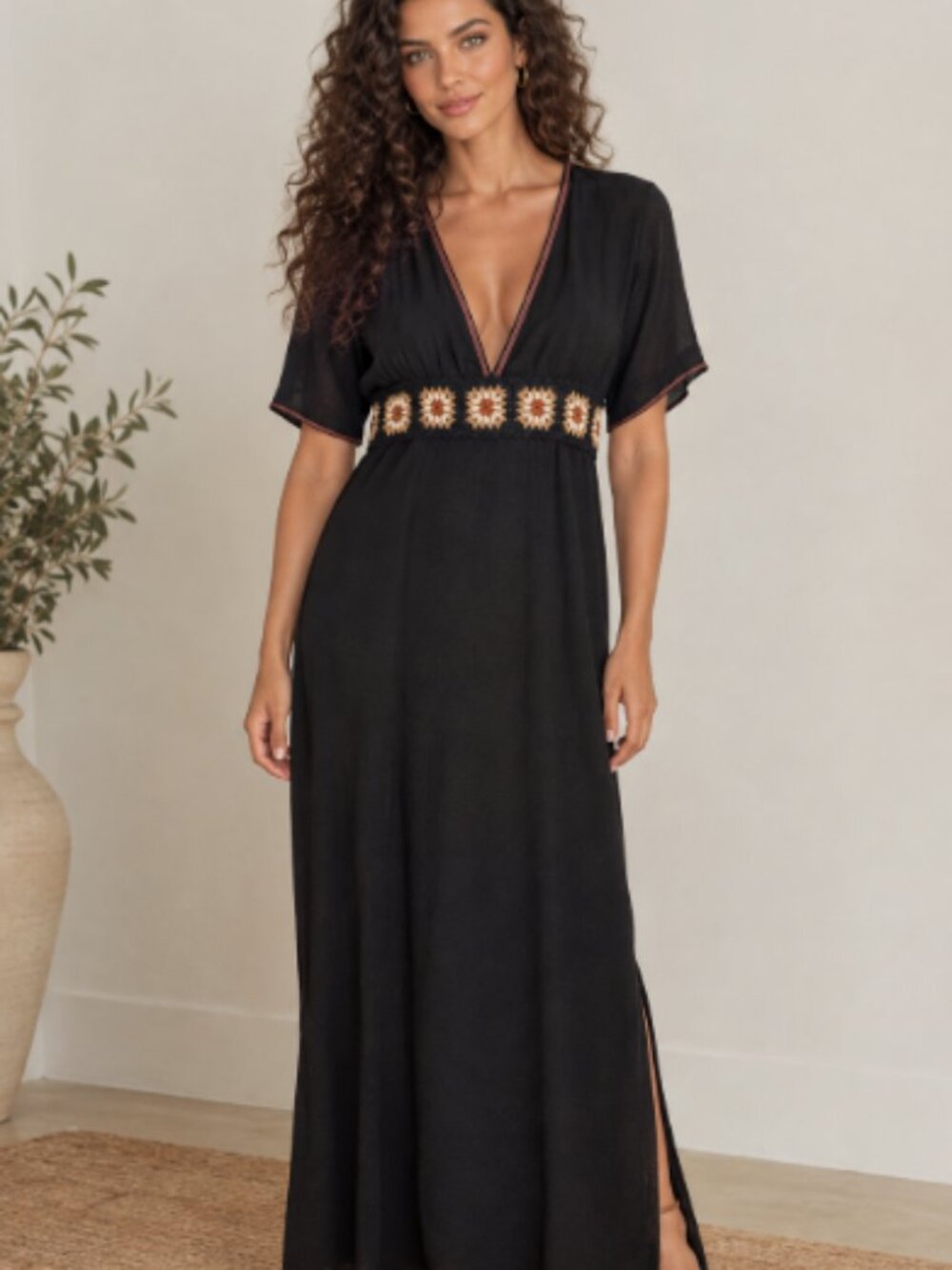 CUPSHE Black Boho Maxi Beach Dress with Crochet Floral Waistband – Size L